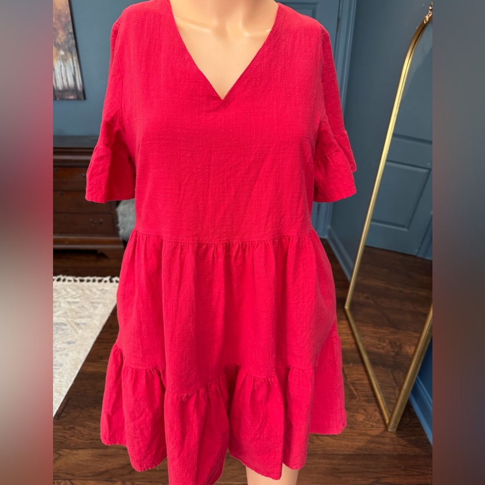 Red Tiered Mini Dress Boho V Neck Short Sleeve Pockets Summer Size M Fancyinn - Picture 2 of 8
